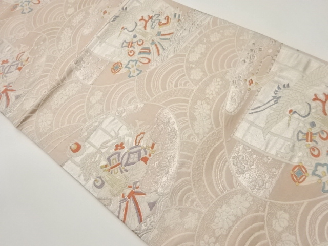 青海波に花々・鶴・宝模様織出し袋帯